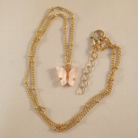 Gold Plated Pink Opal Resin Butterfly Pendant Chain Necklace 18" Womens - Picture 2 of 2